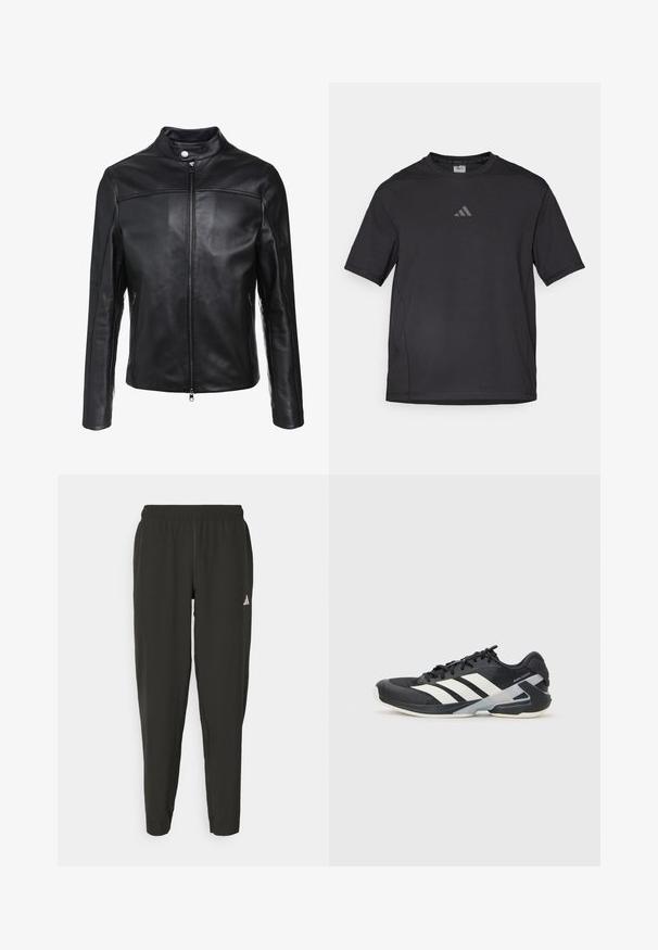 Melna ādas jaka ar stāvošu apkakli, priekšējo rāvējslēdzēju un divām sānu kabatām. Gluda tekstūra ar nevienmērīgu šuvju akcentiem.; Melnā sporta T-krekls no elpojoša materiāla, ar īsām piedurknēm, apaļu apkakli un atstarojošu logotipu uz krūtīm.; Melnas sporta bikses ar elastīgu jostasvietu, pārslīdējošu piegriezumu un baltu logotipu uz kreisā kāja. Gluda, viegla auduma struktūra.; Melnas sporta kurpes ar baltām svītrām, acs augšdaļa, noapaļots pirksts un mīksts zole. Iespējams ar teksturētu papēdi un drošu šņoru sistēmu.