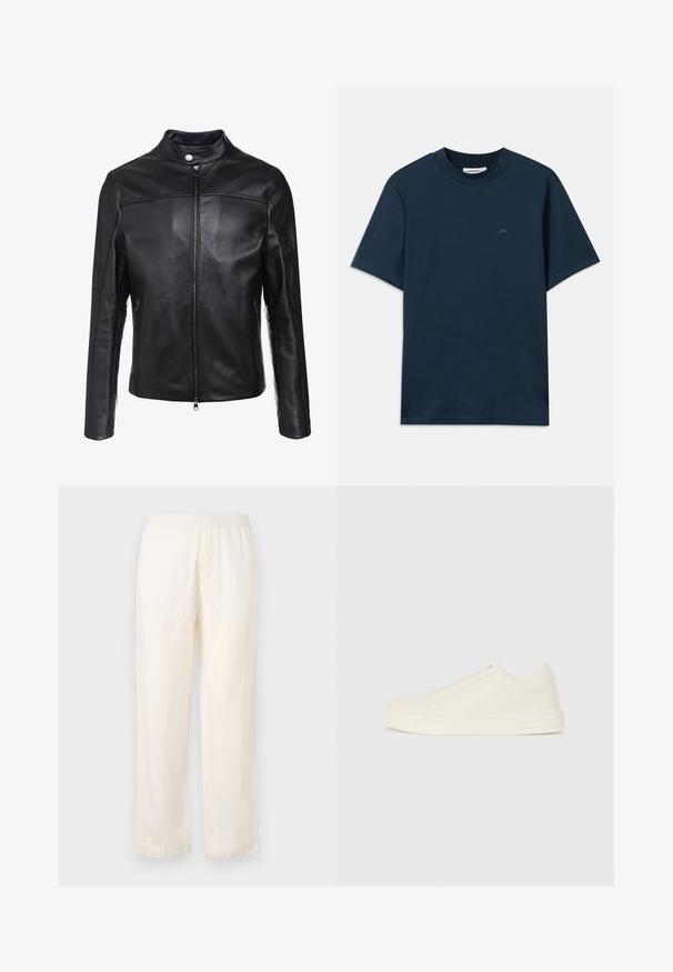 Veste en cuir noir avec col montant, fermeture éclair à l'avant et deux poches latérales. Texture lisse avec des accents de coutures décalées.; T-shirt en coton bleu marine avec un col rond, des manches courtes et un logo discret imprimé sur la poitrine. Texture lisse et coupe classique.; Pantalon léger couleur crème avec une taille élastique, design à jambe droite et texture subtile. Ne présente pas de poches visibles.; Baskets basses en cuir beige avec un bout rond, coutures minimales et fermeture zippée sur le côté, sur fond blanc.