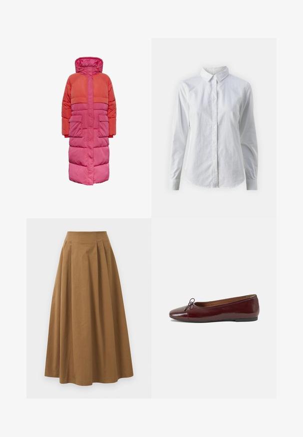 Lange pufferjas met capuchon, kleurblokontwerp in tinten rood en roze, met twee voorkuiten en een ritssluiting aan de voorkant.; Witte overhemd met knopen van glad katoen, met een klassieke kraag, lange mouwen en een afgeronde zoom. De knopen zijn klein en wit.; Bruine katoen A-lijn rok met een hoge taille, voorzien van plooien aan de voorkant en een gladde textuur. De zoomafwerking is schoon en eenvoudig.; Bordeaux gepatenteerd lederen ballerina met een ronde neus, een klein strikaccent aan de voorkant en een lage, zwarte rubberen zool. Glad textuur.