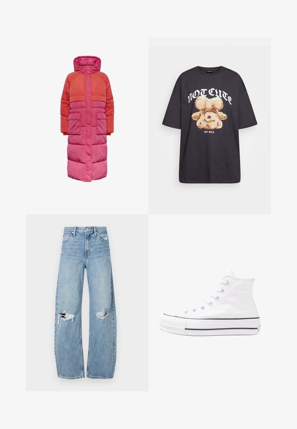 Hosszú puffertakaró kapucnival, piros és rózsaszín színblokkolásos dizájnnal, két elülső zsebbel és cipzáras előlappal.; Fekete, oversized póló, rajta egy medvével és a "NEM CUKI, HANEM FÉKTELEN" felirattal vastag, fehér betűkkel. Pamut anyag.; Világoskék, magas derekú farmernadrág. Széles lábakkal, két szakadt térddel és klasszikus öt zsebes dizájnnal rendelkezik.; Fehér magaskorsó vászon sportcipő fekete gumi talppal, elülső gumi orrnyereggel és hat fűzőlyukkal, letisztult, minimalista dizájnnal.
