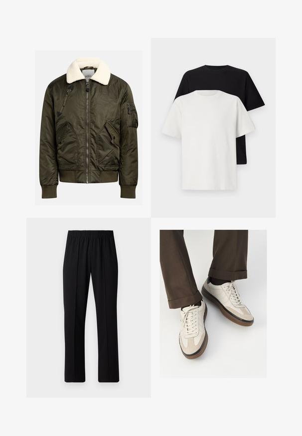 Olivgrüne Bomberjacke mit einem cremefarbenen Kunstpelzkragen, Reißverschlussfront und mehreren Taschen mit auffälligen, markanten Designs.; Baumwoll-T-Shirt-Set bestehend aus einem schwarzen Oberteil und einem weißen Oberteil, beide mit kurzen Ärmeln, Rundhalsausschnitt und normaler Passform. Texturiert.; Schwarze, Gummibund-Hosen mit geradem Schnitt, die eine glatte Textur aufweisen und keine sichtbaren Muster oder Beschläge haben.; Beige Sneakers mit einer strukturierten Wildlederfront, glatten Lederseiten und einer braunen Gummisohle. Bändel und helle Nähdetails sind enthalten.