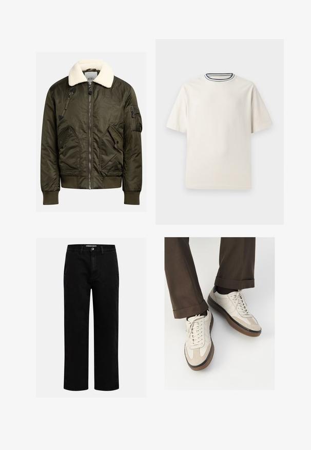 Olívovo zelená bomber bunda s krémovým umelým baránkovým golierom, predným zipsom a viacerými vreckami s charakteristickými uhlovými dizajnmi.; Krémové bavlnené tričko s krátkymi rukávmi, s okrúhlym výstrihom doplneným námorníckymi a bielymi pruhmi. Hladká textúra, voľný strih.; Čierne džínsové nohavice so strihom rovného nohu, klasickým dizajnom s piatimi vreckami a gombíkovým zapínaním v páse. Hladká textúra a odolná tkanina.; Béžové tenisky s textúrovanou zamšovou prednou časťou, hladkými koženými bočnými stranami a hnusou gumovou podrážkou. Obsahujú šnúrky a svetlé stehy ako detail.