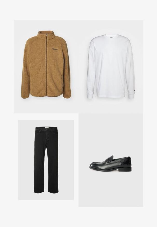 Brun fleecejakke med høy krage, hel glidelås og kontrasterende brun kant. Har en liten logo øverst til venstre.; Hvit langermet T-skjorte laget av bomull. Rund hals-design med ribbestrikkede mansjetter og en liten logo på venstre erme. Glatt tekstur.; Svarte denimjeans med rett ben har et klassisk fem-lommers design, knappestengning, minimal søm og en myk tekstur.; Sorte lærloafers med en glat overflade, syede detaljer over vamps og en let hævet hæl.