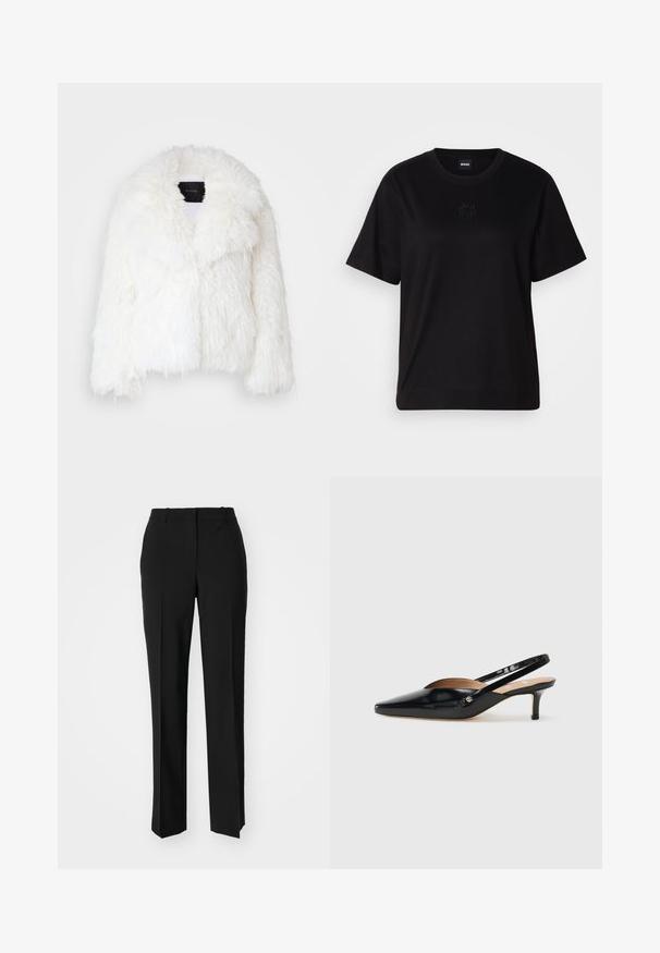 White faux fur cropped jacket with a wide collar, textured surface, and loose fit. Features a black brand label inside.; Black cotton t-shirt with a crew neckline, short sleeves, and an embroidered logo on the chest. Simple, relaxed fit with no patterns.; Black tailored trousers with a straight-leg design, featuring a smooth texture and crisp creases along the front. No visible hardware.; Black patent leather slingback pump with a pointed toe, small heel, and a cutout design on the vamp. Gold-tone hardware accent on the side.