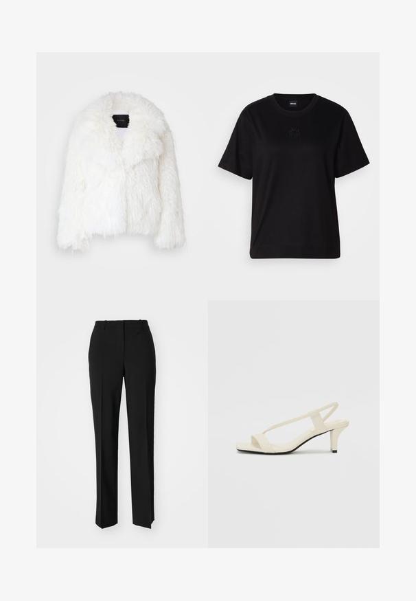 Biała kurtka z sztucznego futra, skrócona, z szerokim kołnierzem, teksturowaną powierzchnią i luźnym krojem. Posiada czarną metkę marki w środku.; Czarny bawełniany t-shirt z okrągłym dekoltem, krótkimi rękawami i haftowanym logo na piersi. Prosty, luźny krój bez wzorów.; Czarne spodnie o dopasowanym kroju z prostymi nogawkami, o gładkiej fakturze i wyraźnych zagięciach z przodu. Bez widocznych elementów metalowych.; Beżowe sandały na blokowym obcasie z cienkimi ramiączkami i kwadratowym noskiem. Gładki materiał z minimalną ilością detali, zaprojektowane z myślą o łatwym zakładaniu.