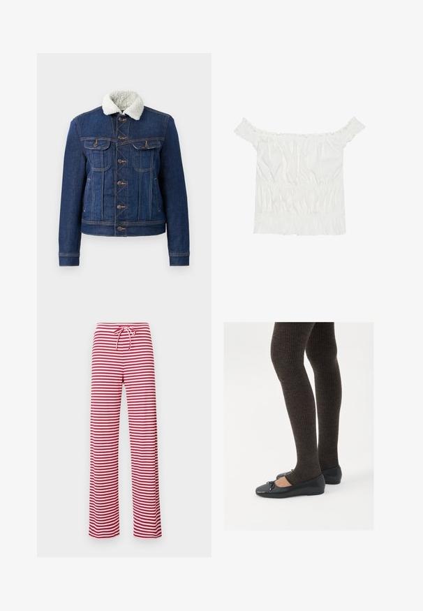 Casaco de ganga em azul escuro com colarinho de peluche sintético. Apresenta bolsos frontais, fecho de botão e costuras visíveis. Design clássico.; Top branco sem alças com detalhes em babados, textura franzida e cintura elástica. Feito de tecido de algodão macio.; Calças folgadas em riscas vermelhas e brancas, com cintura elástica e textura ribanas. O design de perna reta estende-se até ao comprimento do tornozelo.; Sapatos planos pretos com um pequeno laço na ponta, emparelhados com meias-calças caneladas castanhas escuras. Os sapatos têm uma textura suave e um design discretamente baixo.