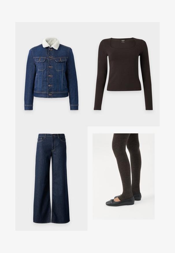 Denim jacket in dark blue with a faux fur collar. Features front pockets, button closure, and visible stitching accents. Classic design.; Black long-sleeve, fitted top with a square neckline, labeled GAP, displayed on a white background.; Wide-leg jeans in dark blue denim. Features contrast stitching, five pockets, and a button closure at the waist. Smooth texture.; Black flat shoes with a small bow detail at the toe, paired with dark brown ribbed tights. Shoes have a smooth texture and low profile.