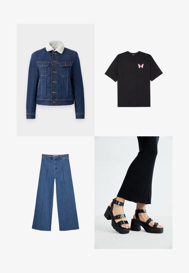 Denim jakna v temno modri barvi z umetnim krznom ob ovratniku. Ima sprednje žepke, gumbasto zapiranje in vidne šive. Klasična zasnova.; Črna bombažna majica s kratkimi rokavi, ki ima majhen roza metuljček na levi strani prsnega dela. Majica s krožnim ovratnikom in sproščenim krojem.; Jeans širokih nogavic v srednji modri barvi, z visokim pasom, gumbom in kontrastnimi navpičnimi šivi spredaj.; Črne platforme s sandali in debelimi, zarezami ter več naramnicami, ki vključujejo kovinske zaponke in gladko teksturo, podobno usnju.