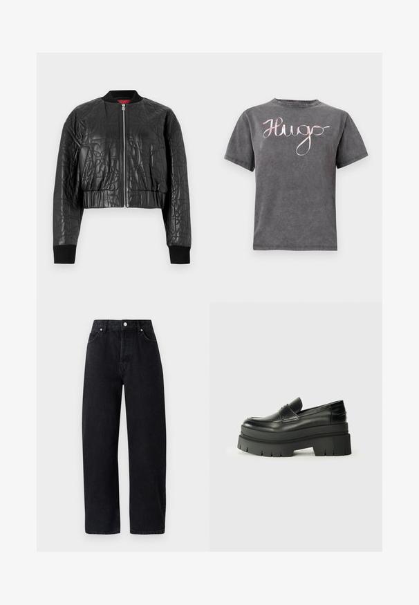 Must mustka bomber-jakk, mis on valmistatud tikitud nahast. Omab lukkfronti, soonikukäiseid ja lühiotsaga disaini koos peente embossitud mustritega.; Hallhallane puuvillane T-särk ümmarguse kaeluse ja lühikeste varrukatega, millel on roosa kätkema "Hugo" logo rinna kohal. Pehme tekstuur ja korralik disain.; Kõrge vöökohaga, sirged mustad denim püksid, viie taskuga, metallist nööpidega ja toon-toonis õmblustega. Sile tekstuur, minimalistik disain.; Mustad mustrennistest nahast mokad, millel on paks platvormi tald. Ümar varvas, eesmine õmblusdetail ja peened õmblemisaktsendid. Lame, tekstureeritud välistald.