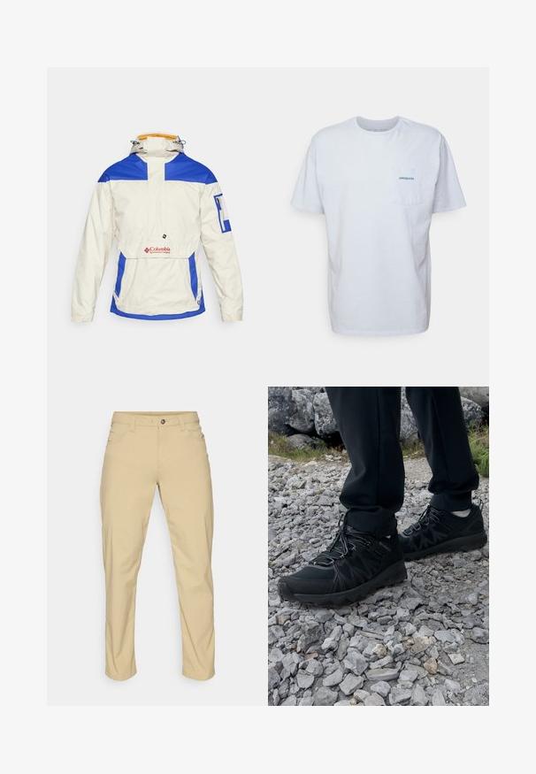 White anorak jacket featuring blue accents, a zippered pocket on the sleeve, and a logo on the front. Hooded with drawstring closure.; White cotton t-shirt with short sleeves, round neck, and a left chest pocket featuring a blue "Patagonia" logo. Classic fit with a smooth texture.; Patagonia QUANDARY PANTS - Outdoor trousers - classic tan; Black outdoor shoes with mesh and synthetic material, featuring a textured upper, secured lacing system, and a rugged outsole, on rocky terrain.