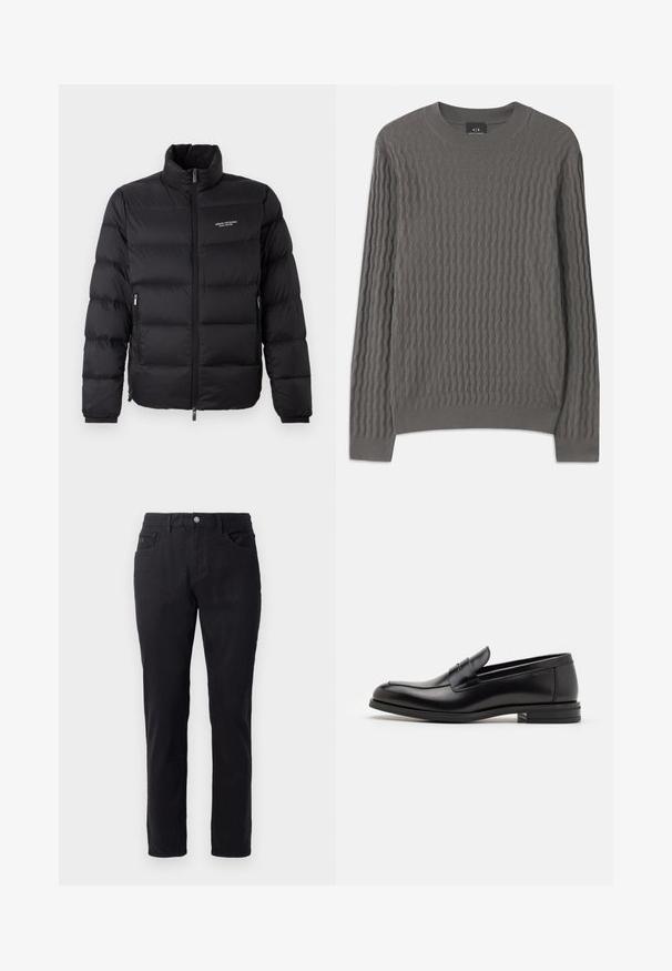 Černá péřová bunda s vysokým límcem, vybavená předním zipem a dvěma bočními kapsami. Lehce prošívaná látka s logem značky na hrudi.; Armani Exchange Svetr - dark gull zig zag; Černé bavlněné kalhoty se střihem rovného nohavice, které mají zapínání na knoflík, dvě přední kapsy a hladkou texturu.; Černé kožené polobotky s hladkou texturou, zaoblenou špičkou a zdobným páskem přes nárt. Nízký stohovaný podpatek, minimalistický design.