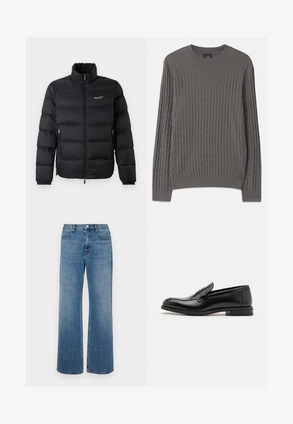 Black puffer jacket with a high collar, featuring a front zipper and two side pockets. Lightly quilted fabric with brand logo on chest.; Armani Exchange Jumper - dark gull zig zag; Wide-leg blue jeans made of denim with a faded finish. Features five pockets, a front button closure, and a straight cut.; Black leather loafers with a smooth texture, rounded toe, and a decorative strap across the vamp. Low stacked heel, minimalist design.