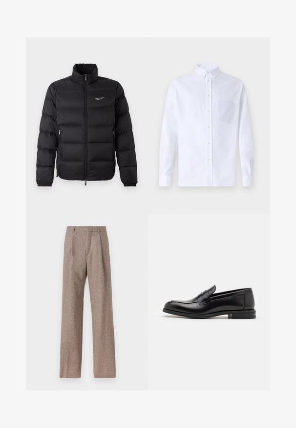 Črna puhovka z visokim ovratnikom, zelnata zadrgo spredaj in dvema stranskima žepoma. Lahko prešita tkanina z logotipom znamke na prsih.; Bela dolgo rukava srajca s kragnico, izdelana iz bombaža, z žepom na prsih in toniranimi vezeninami ter gumbi na manšetah.; Rjave hlače z visokim pasom, izdelane iz teksturirane tkanine. Imajo široke noge in dve sprednji pregibi za strukturo. Urejen zaključek brez vidne strojne opreme.; Črne usnjene loafer čevlje z gladko teksturo, zaobljenim nosom in dekorativnim trakom čez zgornji del. Nizka zložena peta, minimalističen dizajn.