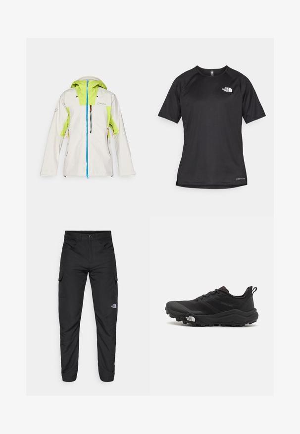 Berghaus RIDGE SEEKER - Vandeniui atspari striukė - stone/spark; Juoda trumpa rankovė atletinė marškinė, pagaminta iš tekstūruotos medžiagos, su baltu logotipu kairėje krūtinės pusėje ir tiesiu apdailos kraštu.; The North Face HORIZON PANT - Lauko kelnės - black; Juoda bėgimo batai su tekstūruotu paviršiumi, guma padais ir sustiprinta pirštų dalimi. Yra paminkštinta apykaklė ir kilpos, leidžiančios lengvai užsidėti.