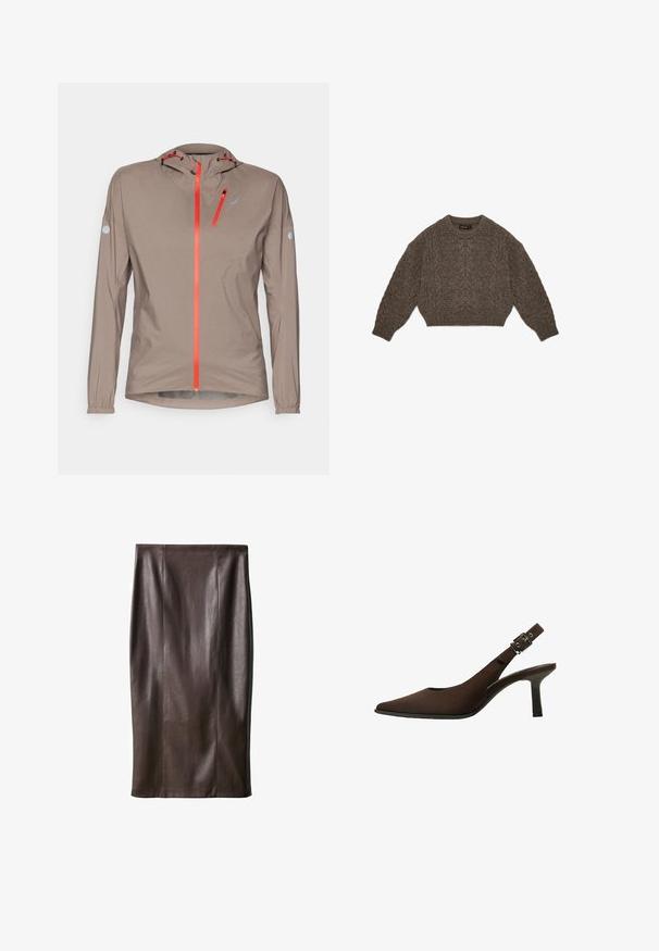 Giacca leggera beige con cappuccio aderente; presenta zip e dettagli arancioni brillanti, polsini elasticizzati e un design snello.; Maglione marrone lavorato a maglia con design cropped, motivo a trecce e polsi ribattuti. Presenta un collo rotondo e una texture morbida.; Gonna a matita in pelle marrone con una texture liscia, lunga fino al ginocchio, caratterizzata da cuciture verticali per il design. Senza accessori o dettagli aggiuntivi.; Décolleté in suede marrone con punta affusolata, design elegante, tacco sottile e dettaglio con fibbia sul cinturino alla caviglia.
