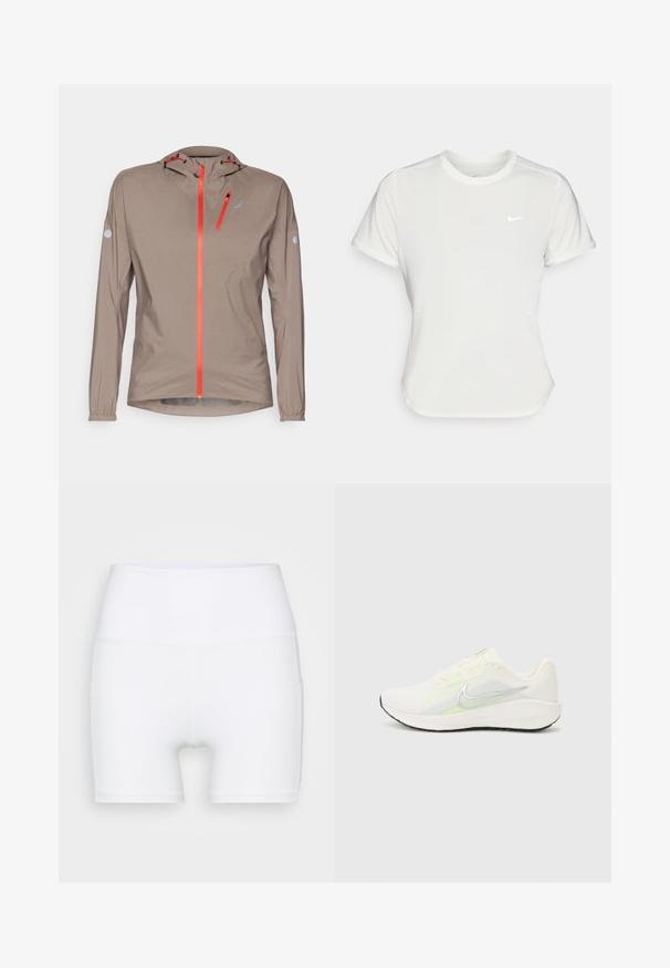 Chaqueta ligera color beige con capucha ajustada; cuenta con cremalleras y detalles en naranja brillante, puños elásticos y un diseño aerodinámico.; Camiseta Nike en blanco, de manga corta, escote redondo, hecha de una tela suave y ligera. Presenta un logo sutil en el pecho.; Shorts blancos de talle alto confeccionados en tejido elástico. Presentan una textura suave y un diseño ajustado, sin patrones ni herrajes adicionales.; Nike Performance DOWNSHIFTER 13 - Zapatillas running asfalto - sail/silver-coloured photon dust/summit white/barely volt/black