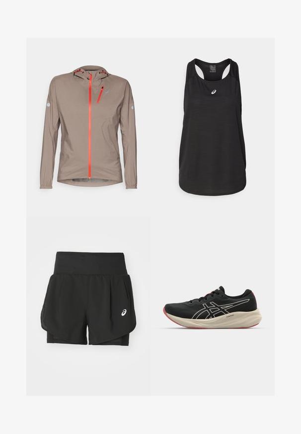 Kerge, beež jakk, millel on sobiv kapuuts; sisaldab erkoranže lukke ja detaile, elastseid mansette ning voolujoonelist disaini.; Must värviline sportlik naiste top, mis on valmistatud kergest kangast. Omab ümmargust kaelust, võistlusselja disaini ning esiküljel väikest valget logo.; Mustad must sportlikud lühikesed püksid, millel on hingav võrkkiht, sissetoodud lühikesed püksid sileda tekstuuriga ja valge logo vasakul küljel.; Musthave mustuskingad, millel on võrkkangas ülakeha ja valged detailid. Omab pehmendatud vahetald ja punaseid detailid tallal. Kerge disain.