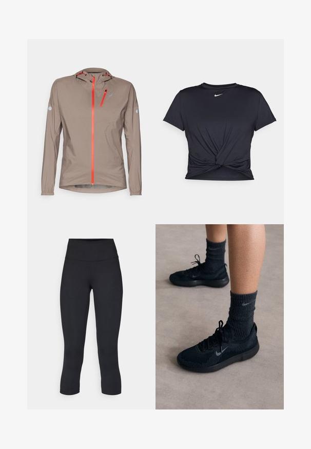 Giacca leggera beige con cappuccio aderente; presenta zip e dettagli arancioni brillanti, polsini elasticizzati e un design snello.; Maglietta atletica nera realizzata in tessuto liscio, con un design anteriore annodato e un piccolo logo Nike bianco sul petto.; Leggings cropped neri realizzati in tessuto elasticizzato, con vita alta e texture liscia, senza motivi o componenti visibili.; Sneakers neri Nike con tomaia in maglia testurizzata, caratterizzati da un logo swoosh grigio, abbinati a calze scure a coste. Suola in gomma piatta.