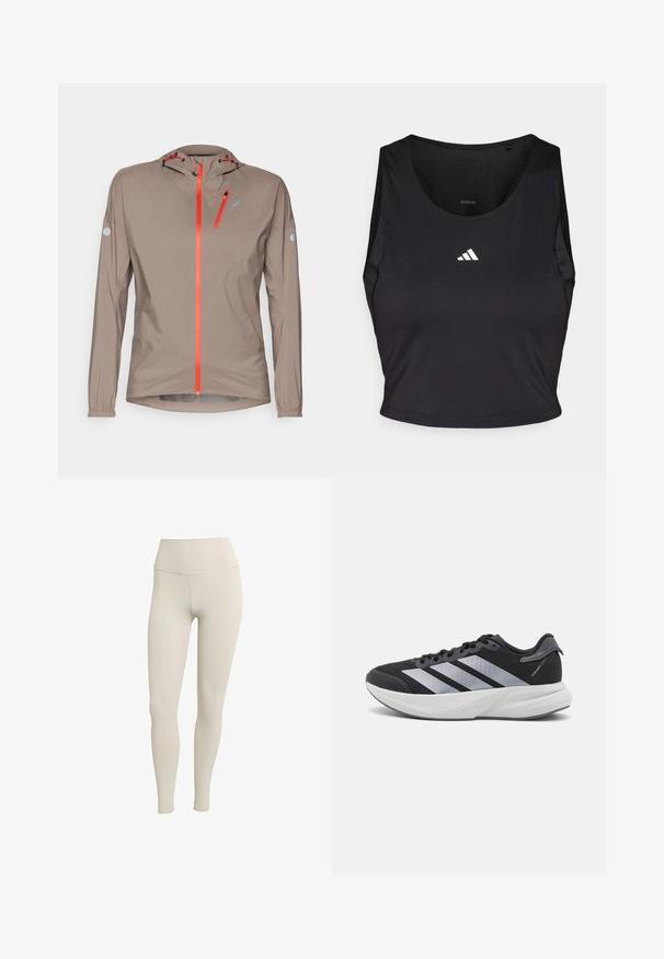Lightweight, beige jacket with a fitted hood; features bright orange zippers and accents, elastic cuffs, and a streamlined design.; Black sports crop top made from moisture-wicking fabric, featuring a round neck, sleeveless design, and white logo on the chest.; Beige leggings made of stretchy fabric with a high waistband. Smooth texture, form-fitting design, no visible patterns or hardware.; Black athletic shoe with mesh upper, three silver stripes on the side, and a white cushioned sole. Features a textured outsole for grip.