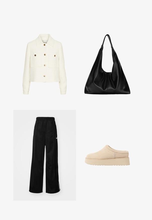 Giacca bianca tagliata in tessuto texturizzato con bottoni dorati, due tasche anteriori e un colletto classico. Presenta un motivo a scacchi.; T-shirt bianco leggero e a maniche corte, realizzato in cotone. Presenta una vestibilità comoda, con scollo rotondo e cuciture delle spalle abbassate.; Pantaloni da tuta neri a gamba larga con vita elasticizzata, caratterizzati da strisce laterali bianche e un piccolo logo sull'anca sinistra. Tessuto liscio.; Scarpe slip-on in suede beige con punta arrotondata e suola piatta spessa e texturizzata. Presentano cuciture minime e un design morbido.; Borsa hobo in pelle nera con una forma morbida e curvata. Presenta un ampio manico superiore e pieghe alla base per una texture morbida.
