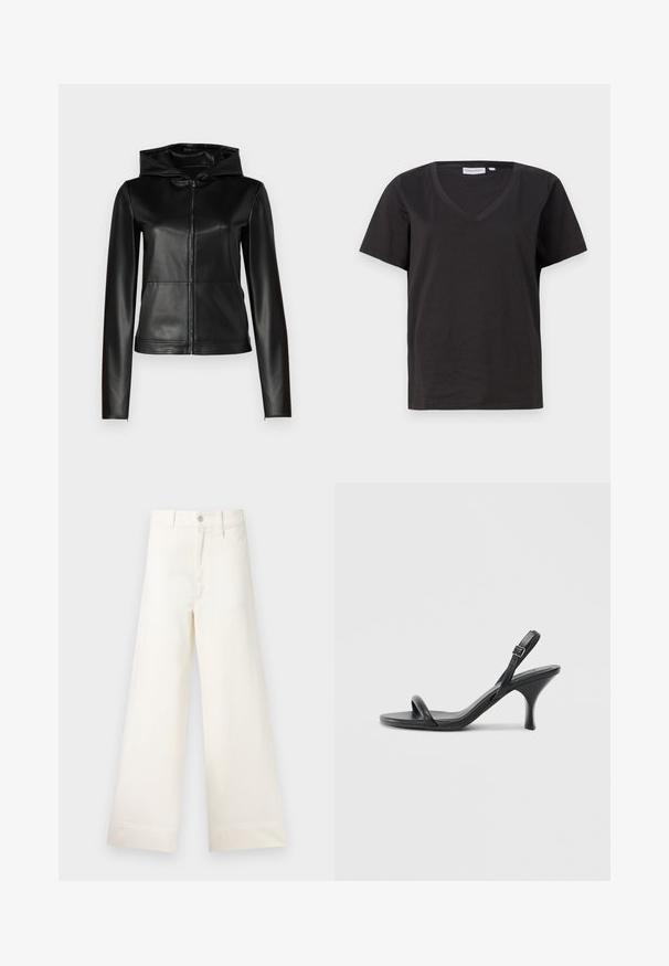 2nd Day KULA - Faux leather jacket - meteorite black; Black cotton T-shirt with a V-neck and short sleeves. Simple design with a regular fit and no patterns or accents.; Wide-leg trousers in light beige cotton. Features a high waist, front pockets, and a straight cut. Clean hem finishing without patterns.; Black leather high-heeled sandals with a slim, curved heel and a crossed strap design. Adjustable ankle strap. Smooth texture.