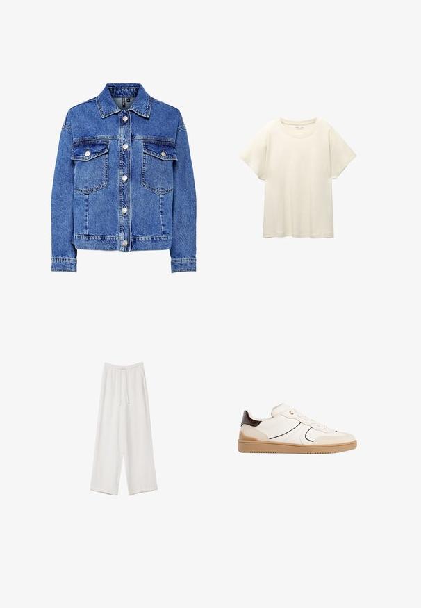 Denim jakna u svijetloplavoj boji s dugim rukavima, kopčanjem sprijeda na gumbe i dva džepa na prsima. Ima kontrastne šavove i klasičan dizajn ovratnika.; Svijetlo bež majica kratkih rukava s okruglim izrezom, izrađena od meke, glatke tkanine. Karakterizira je opušteni kroj i ravni rub.; Bijele hlače širokih nogavica napravljene od lagane tkanine. Imaju elastičan pojas s ušicom i bočne džepove. Glatka tekstura.; Stradivarius Tenisice - white