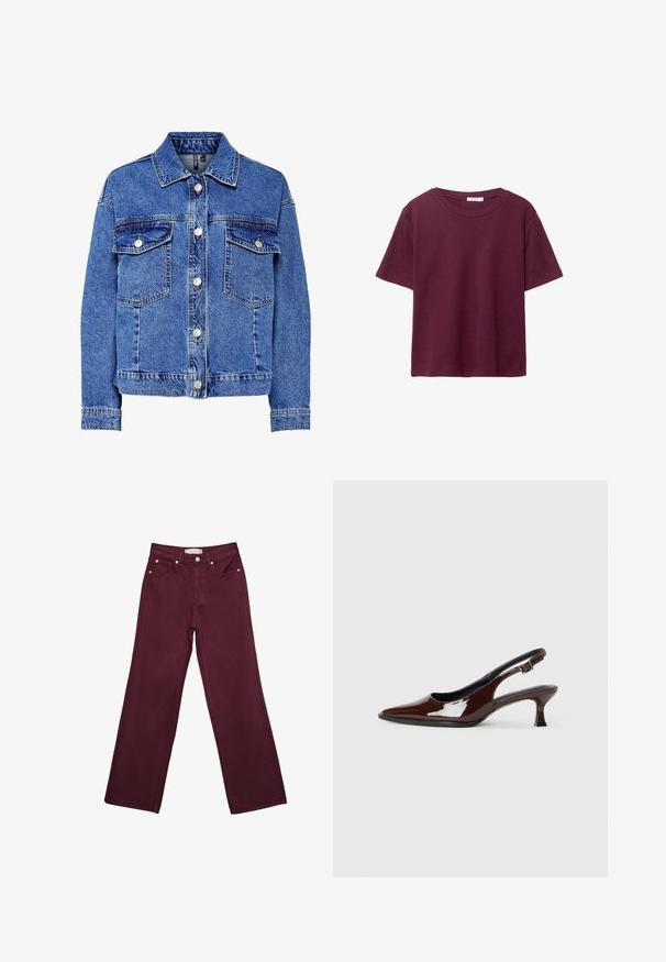 Jeans jakna v svetlo modri barvi z dolgimi rokavi, gumbi na sprednji strani in dvema žepoma na prsih. Ima kontrastno šivanje in klasičen izrez ovratnika.; Bordo kratka majica z dolgimi rokavi iz mehkega bombaža. Ima klasičen krogec za vrat in sproščen kroj. Enostavna tekstura, brez vzorcev ali dodatkov.; Bordo visokokotne traperice s ravnim nogavicam, ki vključujejo sprednje žepke, gumbasto zapiranje in detajle iz bakrenega tona.; Rjavi lakirani slingback čevelj z ostro konico in zmerno peto. Ima zaponko za varno prileganje. Gladka tekstura.