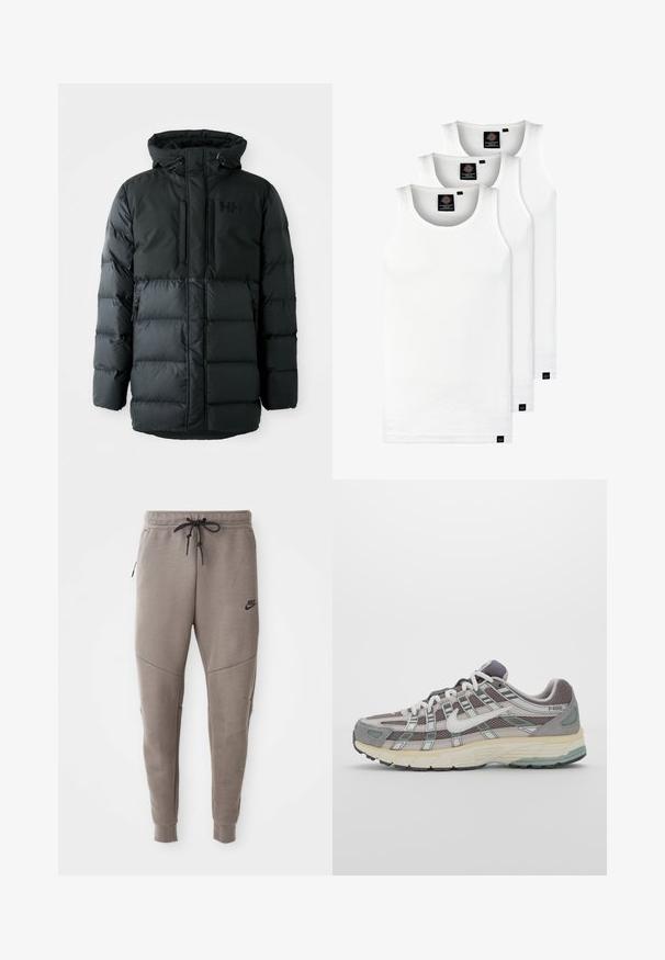 Black puffer jacket with a zip front, adjustable hood, and two zippered pockets. Features a quilted texture and branding on the chest.; Three white ribbed tank tops made of cotton. Features a crew neck and small black labels near the hem. Available in multiple sizes.; Gray Nike sweatpants with a drawstring waistband, tapered legs, side pockets, and distinct seam detailing. Soft, textured fabric.; Gray athletic shoe featuring a mesh and suede upper, white accents, a cushioned sole, and a distinctive design with reflective elements.