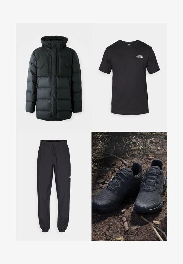 Musternaha must Jacket, millel on lukuga esiosa, reguleeritav kapuuts ja kaks lukuga taskut. Omab tikandit ja brändingut rinna peal.; Must have lühikeste varrukatega must T-särk, mis on valmistatud puuvillast, ümmarguse kaelusega ja väikese valge logoga vasakus ülanurgas.; Mustavad sportlikud püksid, mis on valmistatud kergest kangast, joonlauaga taljest, küljetaskudega ja kitsenevate varrukatega pahkluude juures.; Mustad mustes spordijalanõud tekstuurse kudumisega pealisosa, tugevdatud varvas ja pehmendusega tallad, laotud maapinnale, kus on hajutatud oksakesi.