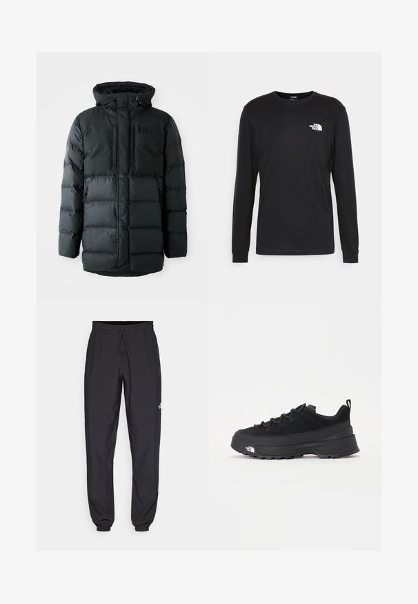 Musternaha must Jacket, millel on lukuga esiosa, reguleeritav kapuuts ja kaks lukuga taskut. Omab tikandit ja brändingut rinna peal.; Musthave musta pika varrukatega t-särk, mis on valmistatud puuvillast. Esiplaanil on valge logo vasaku rinna kohal ning ribitekkide detailid. Särk on sileda tekstuuriga ja ümar lõikega kaelusega.; Mustavad sportlikud püksid, mis on valmistatud kergest kangast, joonlauaga taljest, küljetaskudega ja kitsenevate varrukatega pahkluude juures.; Must musta jalats, millel on sametised ülemused, tekstuuriga kummist põhi ja vastupidav sidumise süsteem. Omab tugevdust kannaosas ja brändi logo küljes.