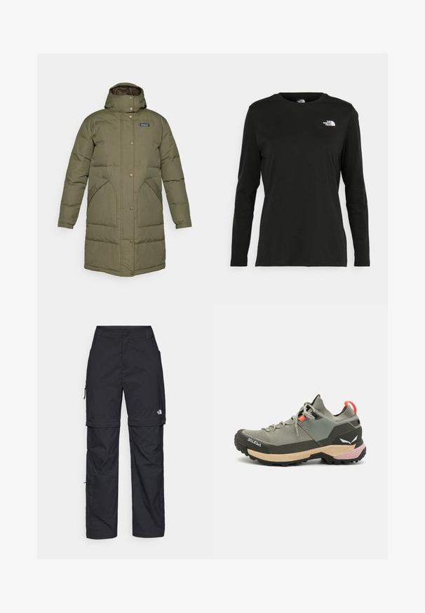 Μακρύ παλτό χειμώνα σε ελιά-πράσινο χρώμα, μαξιλαροποιημένο, με κουκούλα, κλείσιμο με κουμπιά, δύο γωνιακές μπροστινές τσέπες και λογότυπο Patagonia στο στήθος.; Μαύρο μακρυμάνικο μπλουζάκι από βαμβάκι με στρογγυλή λαιμόκοψη. Διαθέτει ένα μικρό λευκό λογότυπο στην αριστερή πλευρά του στήθους. Απλός σχεδιασμός και εφαρμογή.; Μαύρα νάιλον παντελόνια cargo με φερμουάρ που αφαιρούνται, ρυθμιζόμενους καρπούς, πολλαπλές τσέπες και λογότυπο στο δεξί πόδι. Απαλή, ελαφριά υφή.; Ελαφρύ πράσινο ορειβατικό παπούτσι με διχτυωτό και λαστιχένιο υλικό, μαύρη σόλα με προσανατολισμό στην πρόσφυση, ροζ και πορτοκαλί λεπτομέρειες και ενισχυμένο άκρο.