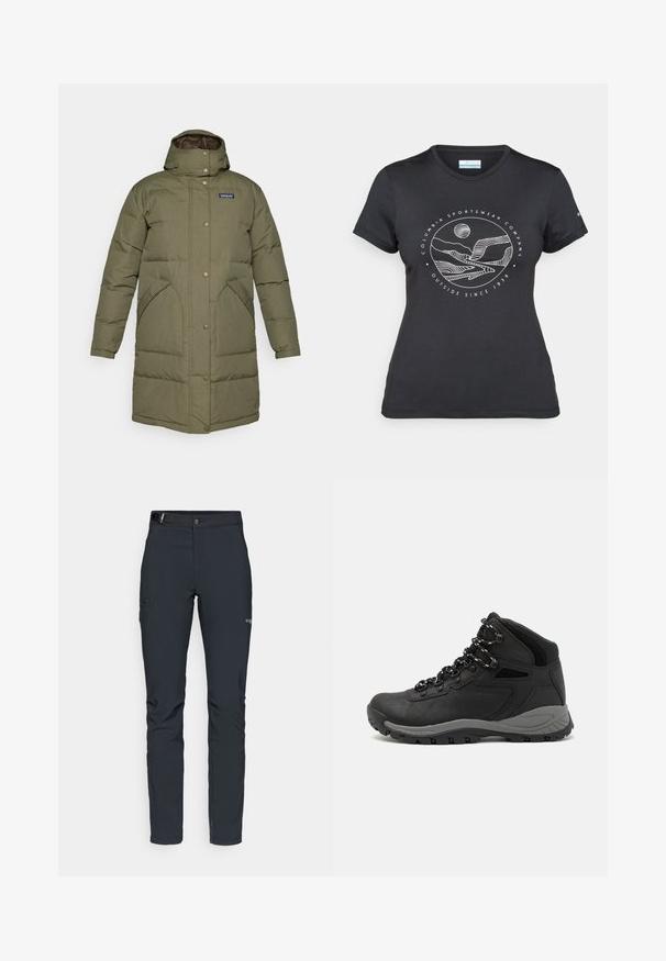 Pikk olive-roheline sooja voodriga talvekasukas kapuutsiga, nööbiga sulgemine, kaks nurkne ees olevat taskut ja Patagonia logo rinnal.; Musternine Columbia T-särk mustas värvuses, millel on valge ümmargune mägi ja jõe joonistus ning tekst "Columbia Sportswear Company Outside Since 1938."; Meeste välkpüksid, tumehallid, valmistatud paindlikest materjalidest, vöökohaga, tõmblukuga taskud ja tugevdatud õmblused.; Mustarjaline matkasaabas, millel on keskmine disain, tekstuuriga ülemine osa, hallid aktsendid ja vastupidav kummist põhi, millel on haardelugesid.