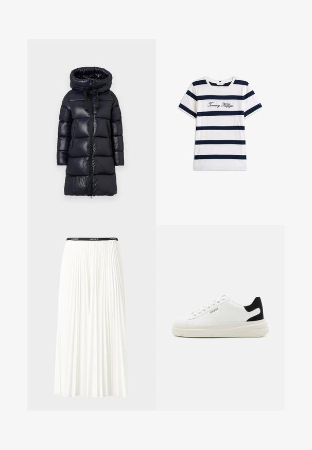 Black puffer coat with a high collar, featuring a shiny nylon exterior, long sleeves, zip closure, and two zippered side pockets.; Cotton T-shirt with horizontal navy stripes on a white background. "Tommy Hilfiger" embroidered in cursive on the chest. Crew neckline.; Pleated white skirt with a black elastic waistband featuring the "LACOSTE" logo. Mid-length design with soft texture.; White leather sneakers with a thick white sole, black suede heel accent, and embossed logo on the side. Laced design with six eyelets.
