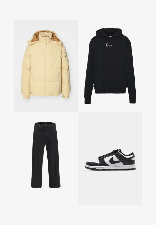 Lys gul pufferjakke med glidelås i front, hette, sidelommer og trykknapplommer. Glatt tekstur og sydd polstret design gjennom hele jakken.; Svart hettegenser laget av myk stoff, med en frontlomme, snor i hetten og hvit logo brodert på brystet. Klassisk passform og ribbestrikkede mansjetter.; Svarte straight-leg denim jeans med knapp- og glidelåslukking, beltestropper og front- og baklommer.; Svarte og hvite Nike Dunk sneakers med lær overdel, perforert tå, svarte snøringer og svart gummisåle med mønster.