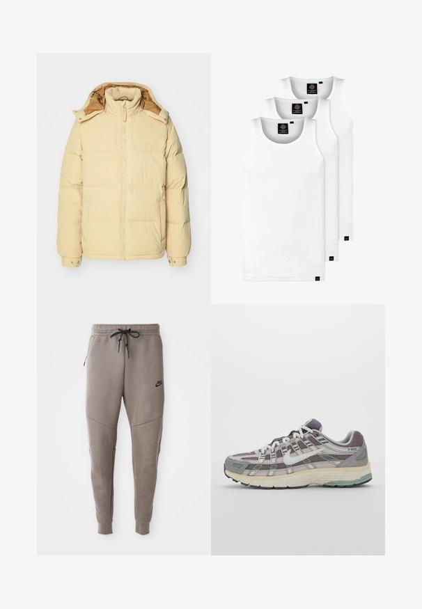 Jachetă puffer de culoare galben deschis, cu fermoar frontal, glugă, buzunare laterale și mânici cu capse. Textură netedă și design cu cusături umplute pe întreaga suprafață.; Trei maieuri albe ribbate din bumbac. Au un guler rotund și etichete negre mici lângă tiv. Disponibile în mai multe mărimi.; Pantaloni de trening gri Nike cu un braț de strângere la talie, picioare conice, buzunare laterale și detalii de cusătură distincte. Material moale, texturat.; Pantofii sport gri sunt realizați dintr-un amestec de plasă și piele întoarsă, cu accente albe, o talpă bine îmbrăcată și un design distinctiv cu elemente reflectorizante.