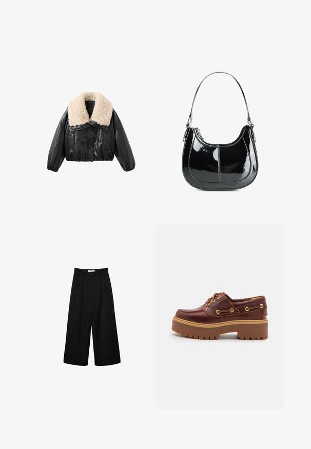 Crna jakna od umjetne kože skraćenog kroja s kremastim krznom na ovratniku, napučenim rukavima i zatvaranjem na gumbe sprijeda. Ima dva bočna džepa.; Crna bez naramenica majica s uskim krojem, glatkom teksturom i širokim izrezom. Ima skošene šavove za oblikovanje i čist, minimalistički dizajn.; Crne široke hlače s visokim strukom, nabranim prednjim dijelom i kopčanjem na dugme. Izrađene su od glatkog materijala s krojenim dizajnom.; Smeđe kožne brodske cipele s debelim smešnim gumom, zlatnim rupama za vezivanje i kontrastnim šavovima. Ima logo sa strane.; Crna patentna kožna torba s zakrivljenim dizajnom, zatvaranjem na zip, i jednim remenom za rame s srebrnim hardverom i ukrasnim šavovima.