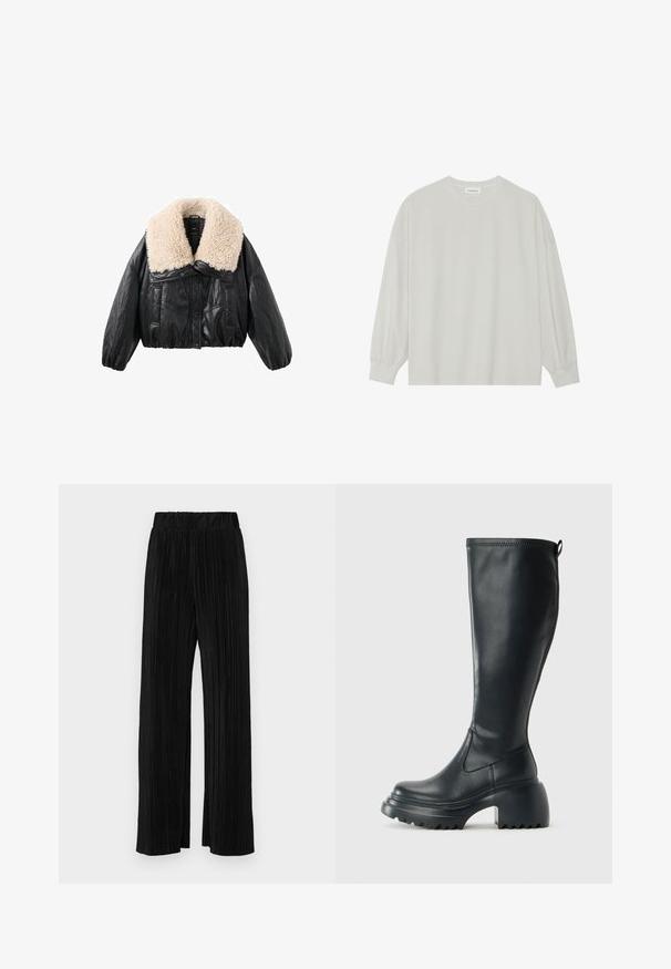 Zwarte faux leren cropped jas met een crèmekleurige schapenvachtkraag, opbollende mouwen en een sluiting met knopen aan de voorkant. Voorzien van twee zijzakken.; Lichtgrijze langarm t-shirt van zacht katoen. Heeft een losse pasvorm, ronde halslijn en zachtGathered manchetten. Geen patronen of graphics.; Zwarte geplooide broek met een elastische tailleband. Beschikt over wijde pijpen en een glad, gestructureerd stof met verticale strepen.; Hoge zwarte leren laars met een chunky plateauzool en blokhak, voorzien van een trekband en een gestructureerd profiel op de buitenzool.