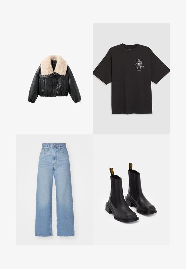 Czarna kurtka z ekologicznej skóry, krótka, z kremowym kołnierzem z owczej wełny, bufiastymi rękawami i zapięciem na guziki z przodu. Posiada dwie boczne kieszenie.; Czarny bawełniany t-shirt z krótkim rękawem, z grafiką dłoni i białym napisem "Levi's LA LUNE" na lewej piersi.; Jasnoniebieskie jeansy z wysokim stanem i szerokimi nogawkami, z zapięciem na guziki i zamek z przodu, przednie i tylne kieszenie, na białym tle.; Czarne botki za kostkę wykonane z gładkiej skóry, z elastycznymi bocznymi panelami, kwadratowym noskiem i grubym obcasem. Zawierają żółte uchwyty z logo.
