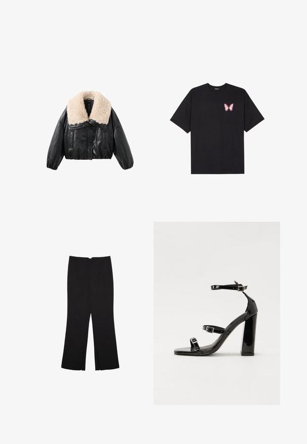 Čierna krátka bunda z umelého kože s krémovým kožušinovým golierom, naskladanými rukávmi a predným zapínaním na gombíky. Obsahuje dve bočné vrecká.; Čierne bavlnené tričko s krátkymi rukávmi, s malým ružovým motýlikom na ľavej hrudi. Design s okrúhlym výstrihom a uvoľneným strihom.; Čierne nohavice so strihom rovného strihu, s prednými vreckami a bočnými rozparkami na leme. Vyrobené z mäkkej, hladkej tkaniny. Vhodné na rôzne príležitosti.; Čierne lakované sandále na podpätku so štvorcovou špičkou, navlečenými remienkami okolo členku a striebornými prackami. Disponujú masívnym blokovým podpätkom pre stabilitu.