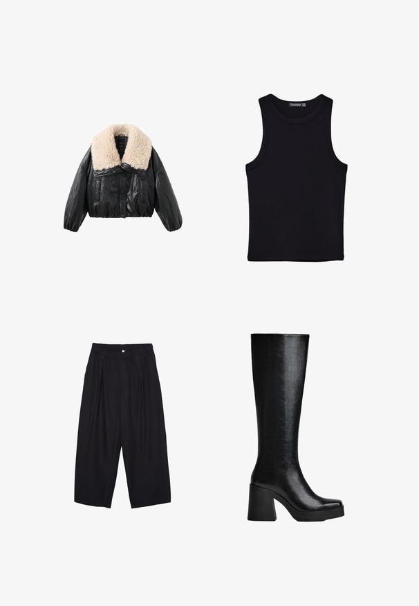 Czarna kurtka z ekologicznej skóry, krótka, z kremowym kołnierzem z owczej wełny, bufiastymi rękawami i zapięciem na guziki z przodu. Posiada dwie boczne kieszenie.; Czarny top na ramionczkach wykonany z bawełny, z okrągłym dekoltem i szerokimi wycięciami na ramionach. Gładka tekstura z przeszytymi brzegami. Klasyczny, minimalistyczny design.; Czarne spodnie culotte z poliestru z elastycznym pasem, dwoma fałdami z przodu i luźnym krojem. Brak widocznych wzorów lub elementów metalowych.; Czarne, sięgające kolan botki wykonane z teksturowanego materiału syntetycznego, z kwadratowym noskiem, masywnym, wysokim obcasem oraz gładką, elegancką powierzchnią.