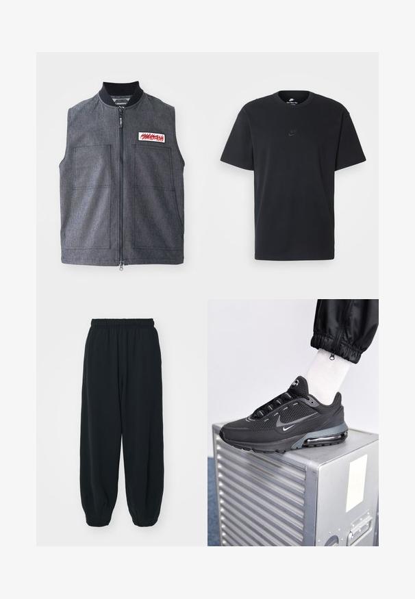 Dunkelgraue Weste mit Reißverschluss vorne, zwei großen Fronttaschen, einem gerippten Kragen und einem dekorativen Patch mit rotem Design.; Schwarzes Baumwoll-T-Shirt von Nike mit klassischem Rundhalsausschnitt, kurzen Ärmeln und einem dezenten, geprägten Logo auf der Brust. Glatte Textur.; Schwarze Sweatpants mit elastischem Bund, lockerer Passform, gerippten Beinabschlüssen, glatter Textur und ohne sichtbare Muster oder Hardware-Akzente.; Nike Sportswear PULSE - Sneaker low - black/anthracite
