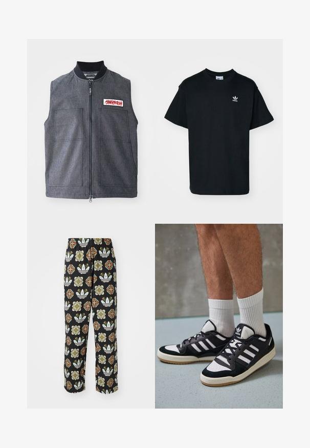Tmavošedá vesta s predným zipsom, dvoma veľkými prednými vreckami, rebrovaným golierom a dekoratívnou nášivkou s červeným dizajnom.; Čierne bavlnené tričko s okrúhlym výstrihom a krátkymi rukávmi, s malým bielym logom Adidas na ľavej strane hrude.; Čierne nohavice s precíznym vzorom rôznych tvarov, vrátane kvetinových motívov a pruhov v oranžovej, zelenej a bielej farbe.; Čierno-biele tenisky s vrchom z semišu a kože, s troma bielymi pruhmi, perforovanou špičkou a gumovou podrážkou.