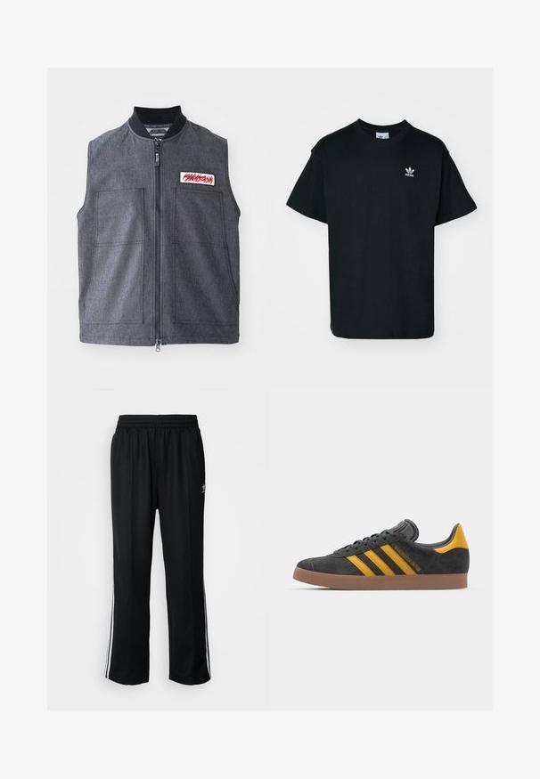 Sötétszürke mellény, elülső cipzárral, két nagy elülső zsebbel, bordázott gallérral és egy piros mintázatú dekoratív lakattal.; Fekete pamut póló kerek nyakkal és rövid ujjal, bal melle részen egy kis fehér Adidas logóval.; Fekete sportnadrág rugalmas derékrésszel, fehér oldalsávokkal és egy kis logóval. Az anyaga lágy és könnyűnek tűnik.; Fekete velúrbőr sportcipő sárga díszítéssel, három csíkkal és barna gumitalppal. Párnázott nyelvével a kényelem érdekében.