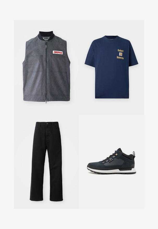 Ciemnoszary kamizelka z zamkiem z przodu, dwoma dużymi przednimi kieszeniami, prążkowanym kołnierzem i ozdobną naszywką z czerwonym wzorem.; Granatowa bawełniana koszulka z krótkim rękawem, z złotym napisem "Carhartt University" oraz naszywką z logo na lewej piersi.; Czarne dżinsy o prostym kroju, z przednimi kieszeniami, zamkiem błyskawicznym i pojedynczym guzikem z przodu. Teksturowana tkanina o matowym wykończeniu.; Granatowe buty trekkingowe z zamszowo-tekstylną cholewką, białą podeszwą środkową, czarną podeszwą zewnętrzną i metalowymi oczkami. Posiadają tylną pętlę do łatwego zakładania.