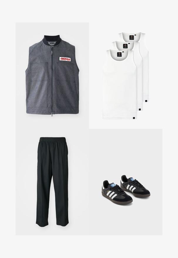 Dunkelgraue Weste mit Reißverschluss vorne, zwei großen Fronttaschen, einem gerippten Kragen und einem dekorativen Patch mit rotem Design.; Drei weiße, gerippte Tanktops aus Baumwolle. Merkmale einen Rundhalsausschnitt und kleine schwarze Etiketten am Saum. In mehreren Größen erhältlich.; Schwarze Sporthosen mit elastischem Bund, aus glattem Stoff, mit dezenten Seitennähten und einem entspannten Schnitt, mit geradem Bein.; Schwarze Sneaker mit einem Obermaterial aus Wildleder und Synthetik, ausgestattet mit drei weißen Streifen, einer strukturierten Gummi-Sohle und einem blauen Logo-Tag auf der Zunge.