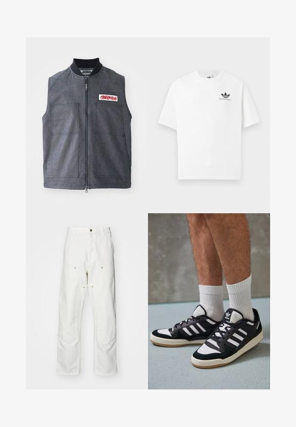 Tmavošedá vesta s predným zipsom, dvoma veľkými prednými vreckami, rebrovaným golierom a dekoratívnou nášivkou s červeným dizajnom.; Biela bavlnená tričko s krátkymi rukávmi, s čiernym logom "BASKETBALL" a ikonickým trojprúžkovým dizajnom na prednej strane.; Biele bavlnené cargo nohavice s voľným strihom. Medzi vlastnosti patrí predné vrecká, zlaté detaily a zosilnené kolenné časti.; Čierno-biele tenisky s vrchom z semišu a kože, s troma bielymi pruhmi, perforovanou špičkou a gumovou podrážkou.