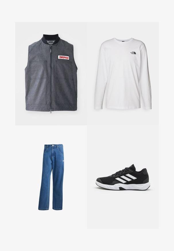 Mörkgrå väst med dragkedja fram, två stora framfickor, ribbad krage och en dekorativ lapp med röd design.; Vit långärmad T-shirt i bomull med rund halsringning. Har en liten svart logotyp på bröstet. Slät textur, normal passform.; Blå högmidjade vida jeans i denim med framfickor, bältesloopar, knappstängning och liten Adidas-logga på högra låret.; Svarta sportskor med ett texturerat nätövre, vita accentlinjer, en dämpad sula och en förstärkt häl för stöd.