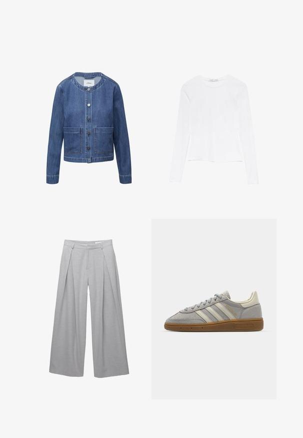 Jeansjacke mit Rundhalsausschnitt, fünf Knöpfen, zwei vorderen Taschen und einer dunkelblauen Waschung. Verfügt über eine strukturierte Passform und gestickte Akzente.; Weißes Langarmoberteil mit Rundhalsausschnitt. Hat ein enganliegendes Design, eine glatte Stoffoberfläche und einen leicht gekürzten Saum.; Hellgraue weite Hosen aus strukturiertem Stoff, mit vorderen Falten, Gürtelschlaufen und tailliertem Bund. Keine sichtbaren Verschlüsse.; Graue Wildledersneaker mit hellgrauen Lederstreifen und einer Sohle aus Gummi. Zu den Merkmalen gehören eine Schnürung und dezente Markenkennzeichnung auf der Zunge.