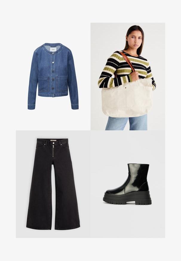 Jeansjack met een ronde hals, vijf knopen, twee voorzakken en een donkerblauwe wassing. Heeft een gestructureerde pasvorm en stikselaccenten.; Zwarte T-shirt van katoen, met korte mouwen over een witte lange mouw laag met een subtiel textuurpatroon. Ronde hals ontwerp.; Wijdvallende jeans van zwarte denim met een ritssluiting aan de voorkant, vijf zakken en subtiele stikdetails. Soepele textuur en casual stijl.; Zwarte glanzende enkelboot met dikke profielzool en ronde neus, zijaanzicht op een effen lichtgrijze achtergrond.; Grote beige canvas draagtasje met bruine leren hengsels, met een minimalistisch ontwerp en zichtbare stikaccenten.