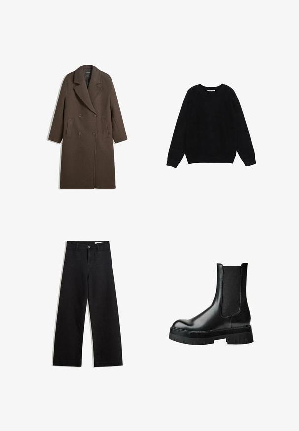 Palton din lână, maro, cu guler lat, cu două rânduri de nasturi, patru nasturi, mâneci lungi și două buzunare frontale cu fante, așezat pe un fundal alb.; Pulover negru cu mâneci lungi și guler rotund, cu manșete și tiv reiat, prezentat întins pe un fundal alb.; Pantaloni din denim negri cu picioare largi, cu talie înaltă, având buzunare frontale și posterioare, cusături dublate și închidere cu nasture. Textură netedă.; Gheată de gleznă din piele neagră cu panou elastic lateral, vârf rotund, talpă groasă cu platformă și partea superioară texturată pentru aderență suplimentară.